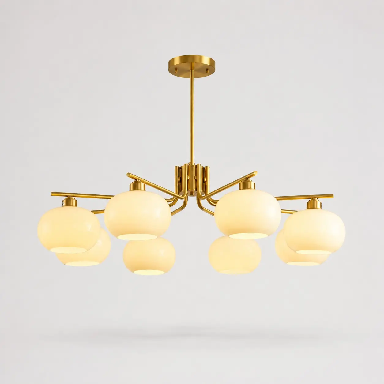 Solid brass gold eight-light milk glass chandelier