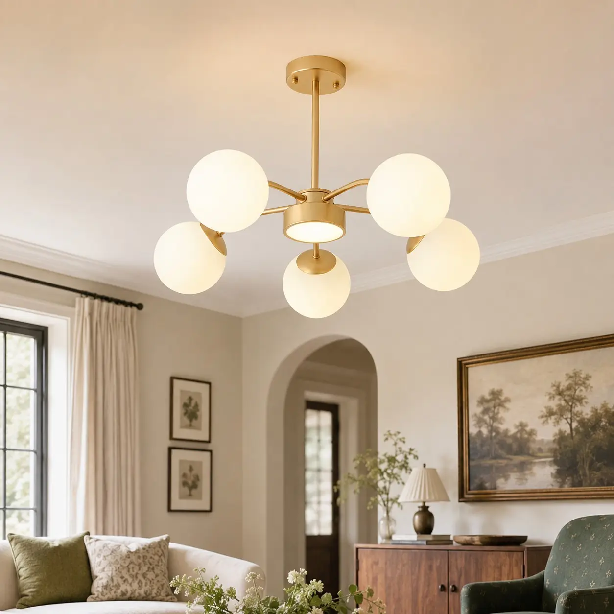 Five-light milk glass chandelier in a living room