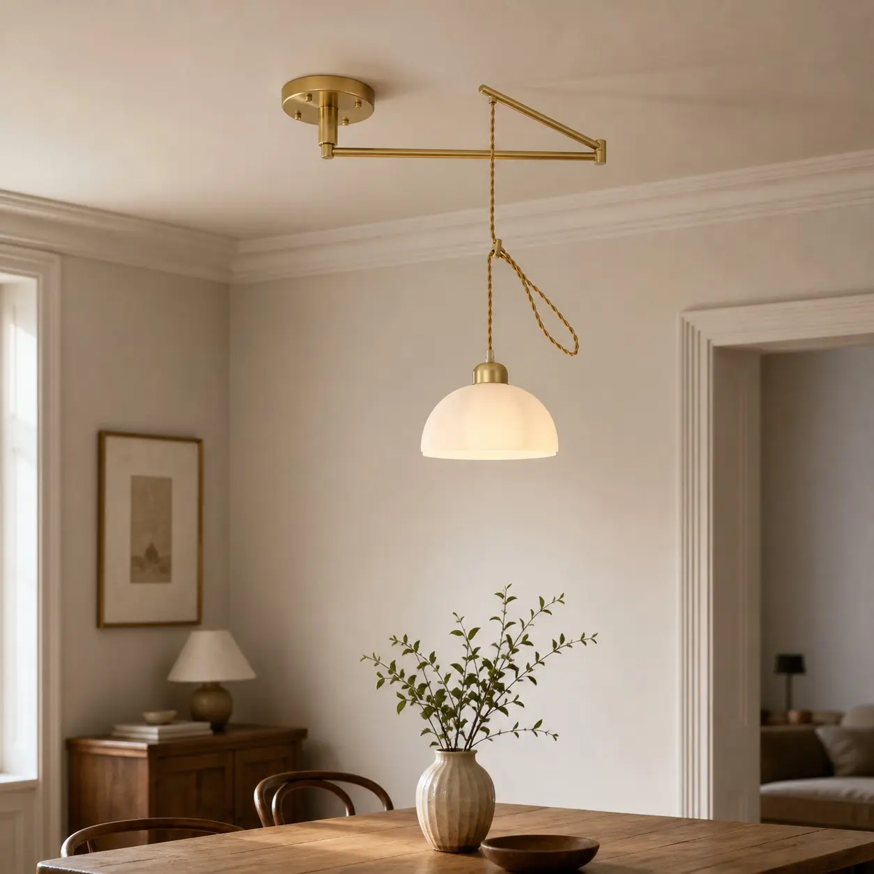 Gold pendant in a warm dining room
