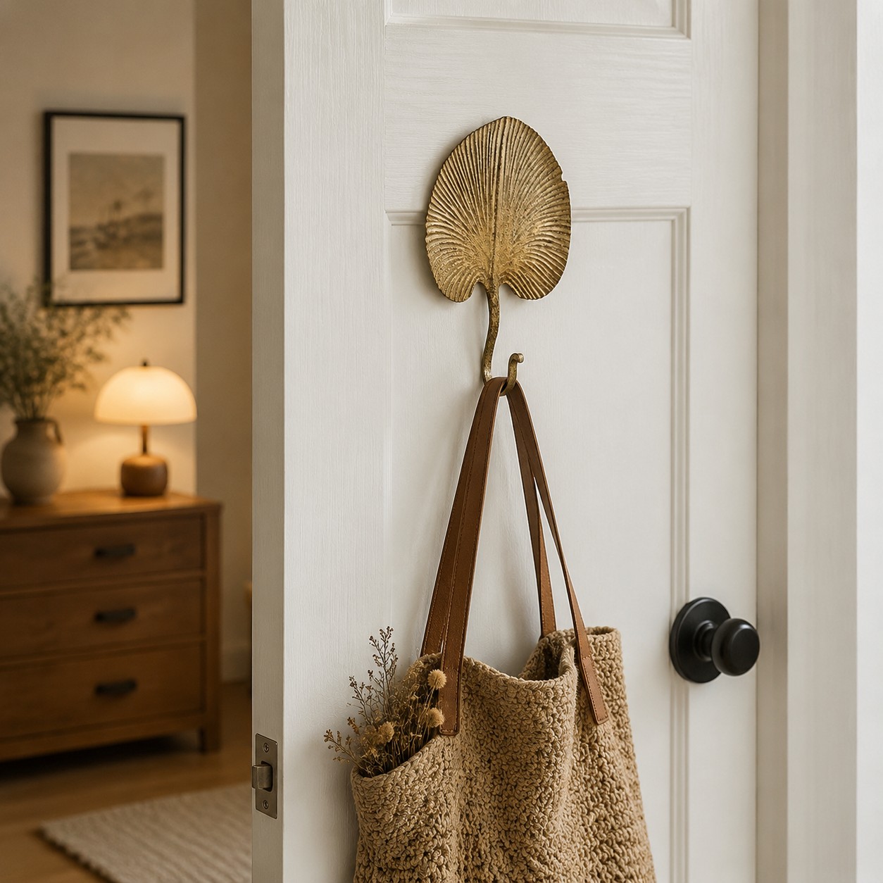Botanical wall hook holding a bag on a door