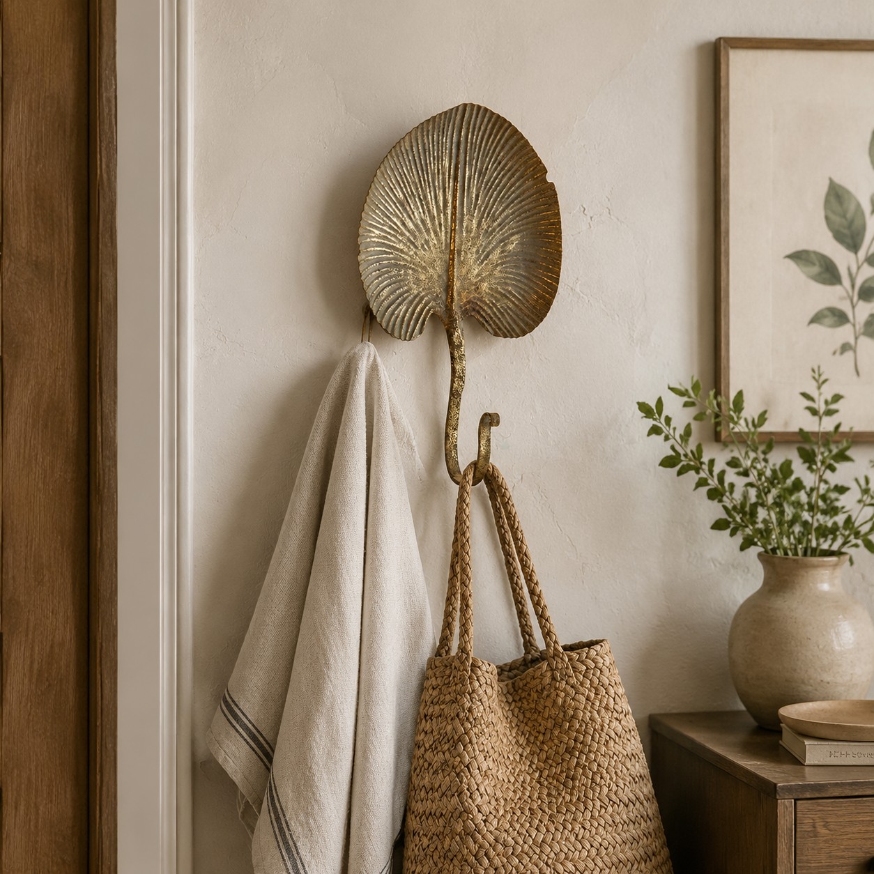 Antique-gold botanical wall hook in an entryway