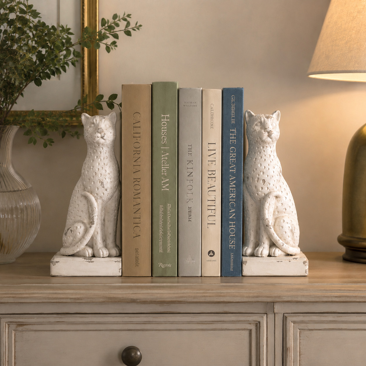Leopard bookends shelf styling
