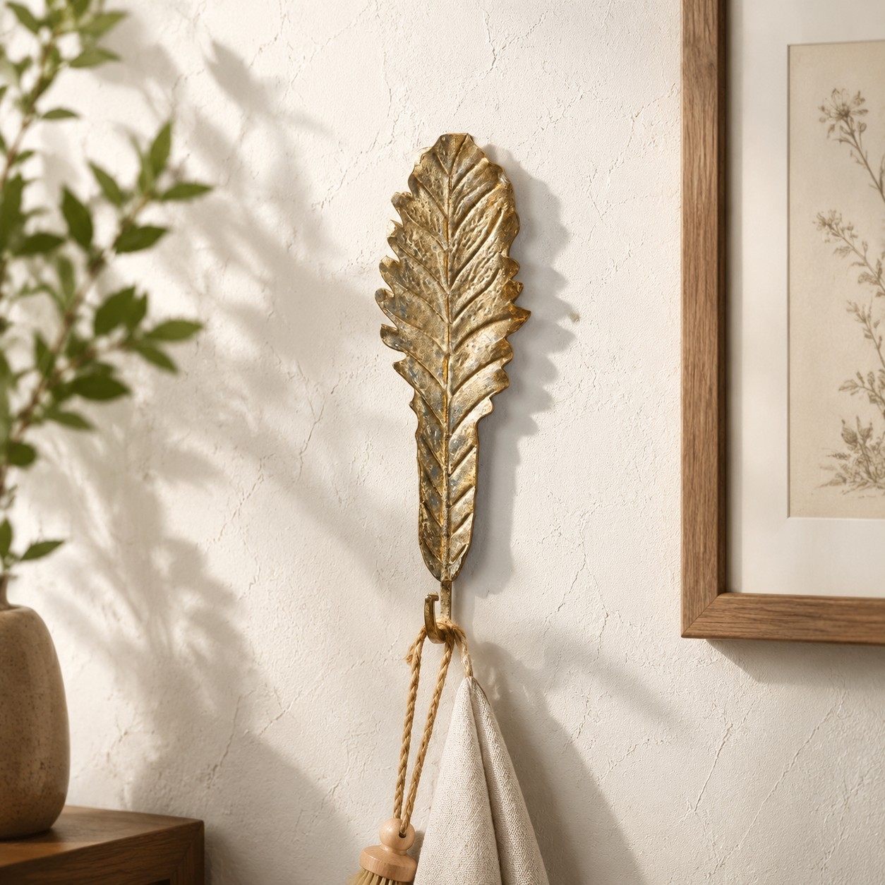 Botanical iron wall hook in a warm interior