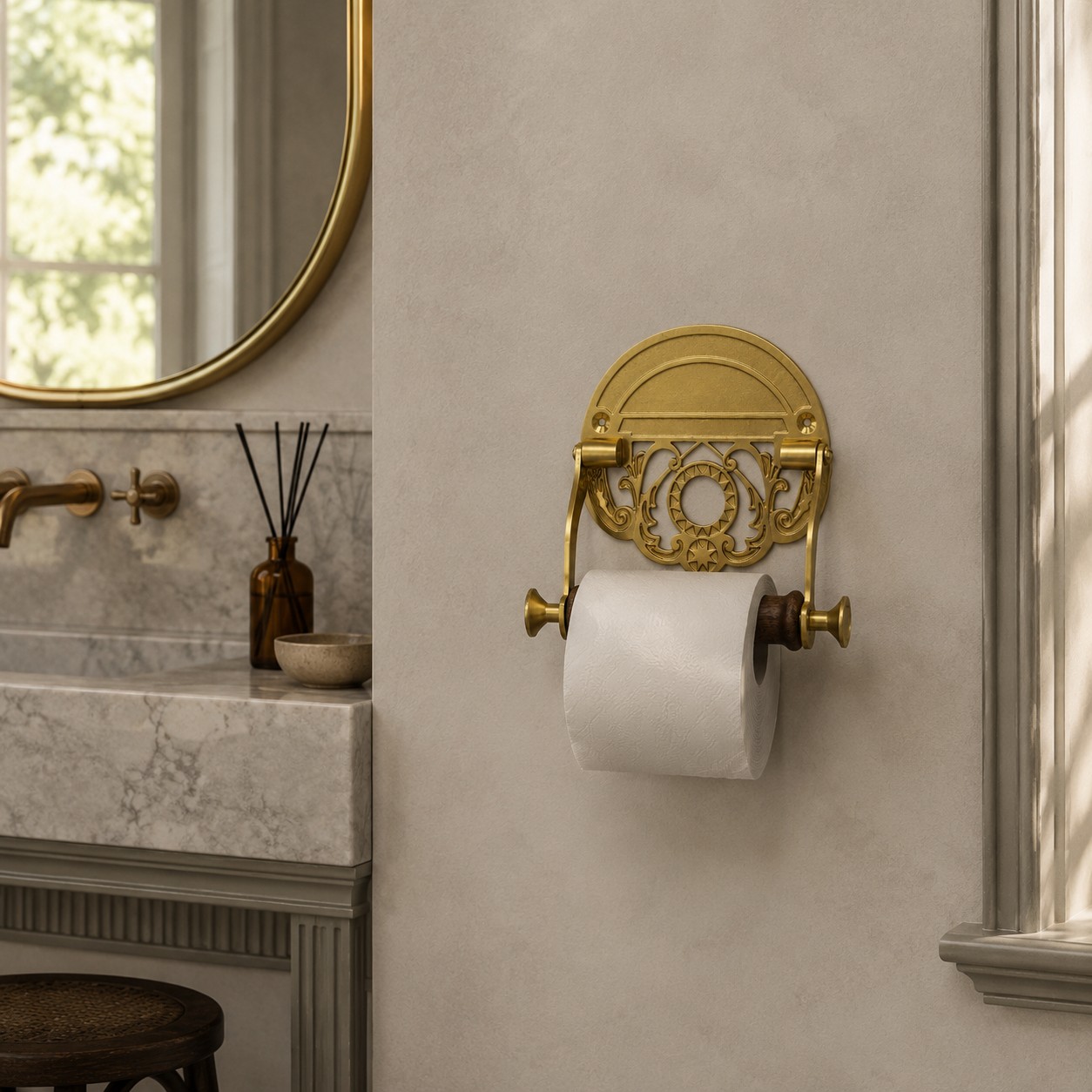 Antique brass toilet paper holder installed beside a bathroom vanity