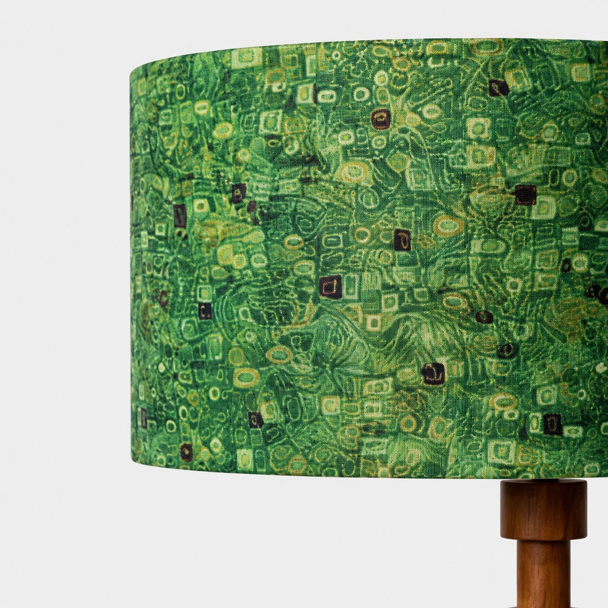Close side view of patterned fabric drum shade