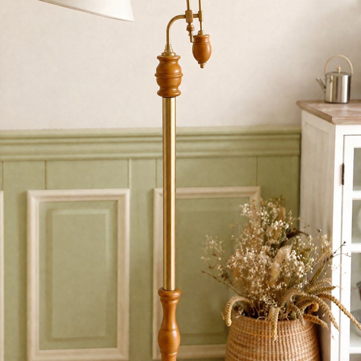 Ivory wood and fabric floor lamp scale in a home corner