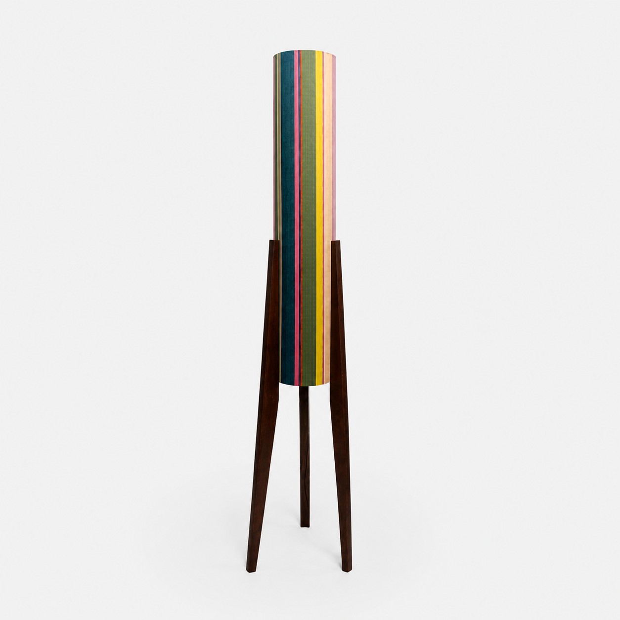 Multicolor striped Liberty fabric tripod floor lamp with dark wood frame