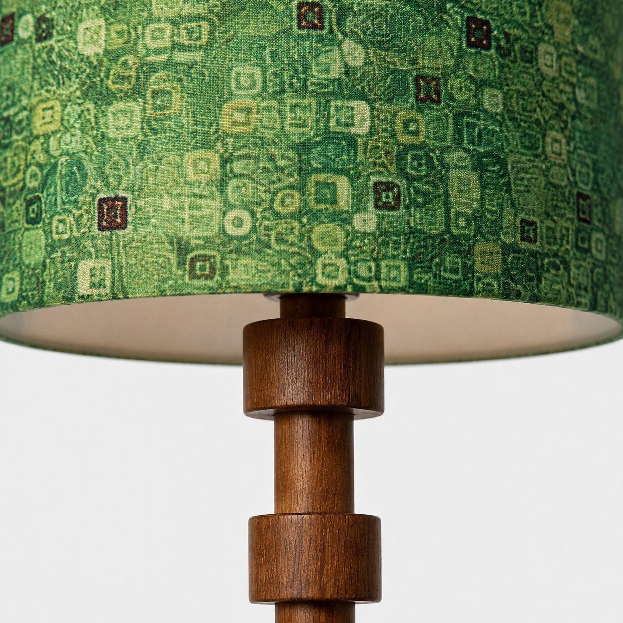 Patterned fabric shade and turned wood column detail